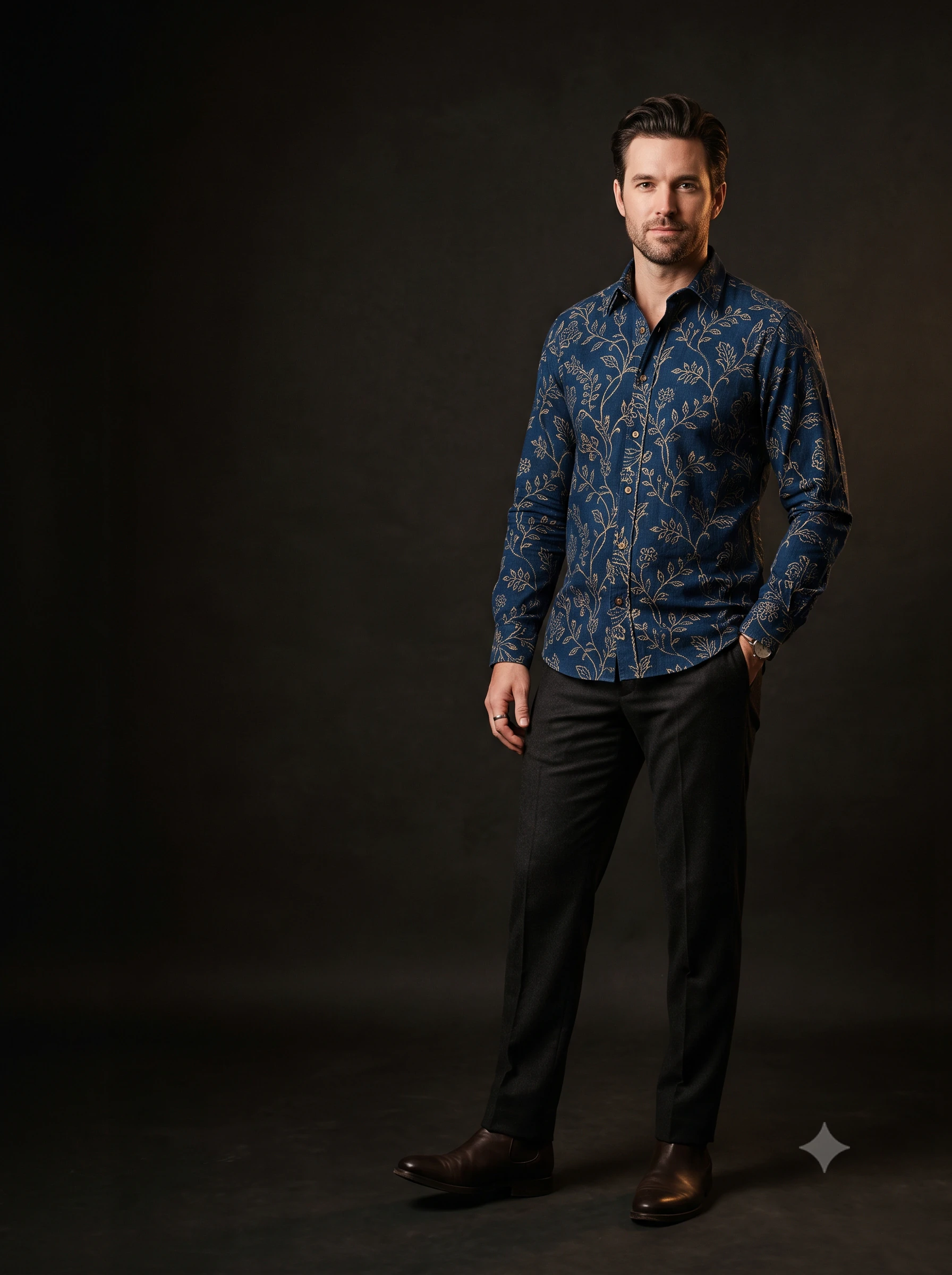 Our indigo block-print cloth, shown worn